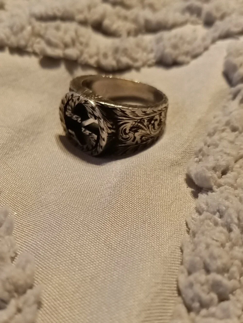 Gucci Silver-Tone Men's Signet Ring with Cutout Emblem
